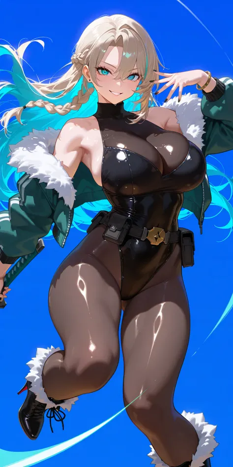 Masterpiece, mature woman, madam president (golden boy), tall body, slim, upper body, ultra detailed, highres, absurdres, free long hair, smiling, seducing face, turtleneck, sunny blue background, detailed face, no cape, pale face, black nails, tight clad ...