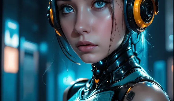SFW,A futuristic sci-fi girl, Cyberpunk, hyper-detailed face, strikingly blue eyes, shiny synthetic skin, complicated robotic anatomy, glowing neon implants, complex machinery, dramatic lighting, Neon-Stadtkulisse, 8K, fotorealistisch, cinematographic comp...