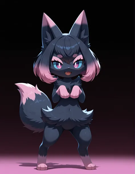 Noxmauve, slvrfxstyleil,, silverfox5213, (solo:1.3), 
digital_media_(artwork), digital_painting_(artwork), full-length_portrait, painting_(artwork), portrait, shaded, soft_shading,,  smile, open_mouth, pink_eyes, simple_background, black_hair, standing, fu...