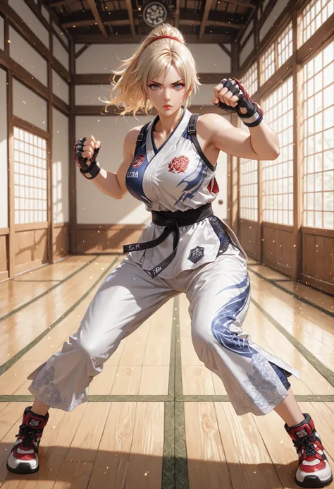 lidia sobieska, lidia sobieska \(tekken\), high definition eyes, detailed eyes, high gradient eyes, eyesHD. 1 girl, solo, full body view, beautiful face, blue eyes, blonde hair, anatomically accurate ratio, large breasts, (best quality, 4k, 8k, high resolu...