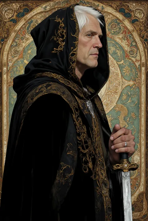 A digital photograph shoot from a profile camera angle about a portrait of a old man with white hair wearing a hooded black trench, set against an ornate background featuring intricate patterns and vibrant colors. the man is holding a crystal knife. the im...