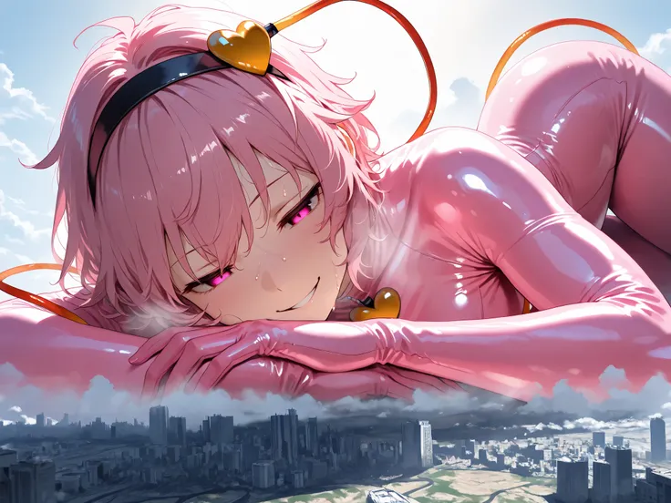 (masterpiece, Highest quality, Ultra-high resolution), 1girl, Komeiji Satori, pink hair, short hair, pink eyes, Headband, (pink latex bodysuit), The clothes fit perfectly, Glossiness, shiny, Sweat, Stuffy, steamy, Glossiness, backlight, glistening skin, Ma...