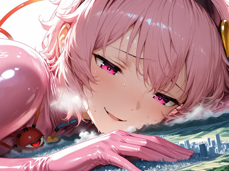 (masterpiece, Highest quality, Ultra-high resolution), 1girl, Komeiji Satori, pink hair, short hair, pink eyes, Headband, (pink latex bodysuit), The clothes fit perfectly, Glossiness, shiny, Sweat, Stuffy, steamy, Glossiness, backlight, glistening skin, Ma...