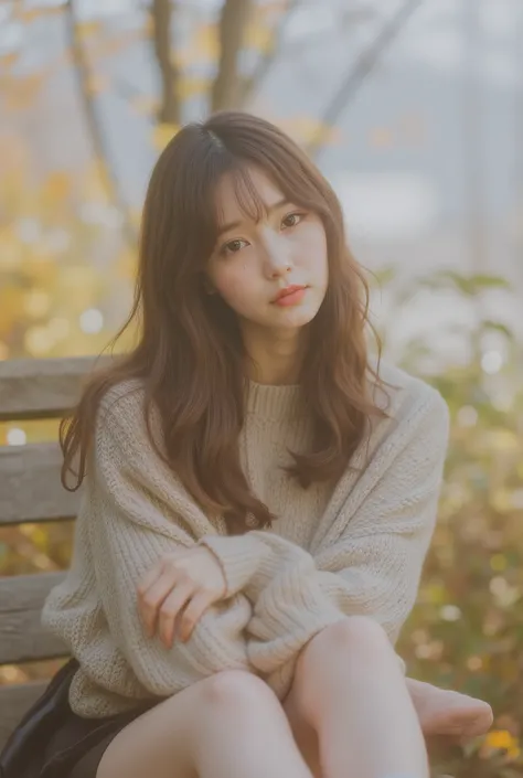 imagine prompt: Autumn park bench beside a leaf-strewn path, dappled golden foliage :: Japanese female (20) :: seated with crossed legs, sensual confident gaze at camera :: cable-knit sweater, black leather mini skirt, sheer tights, ankle boots :: no coat,...