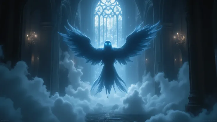 phantom, swallowed by an abandoned gothic cathedral hall、definitely showing a faint hint of toe sharpness, voluminous mist, Mysterious Mist, and faint haze, forming a Unreal swallow silhouette with soft yet defined edges, delicate steam swallowed whole by ...