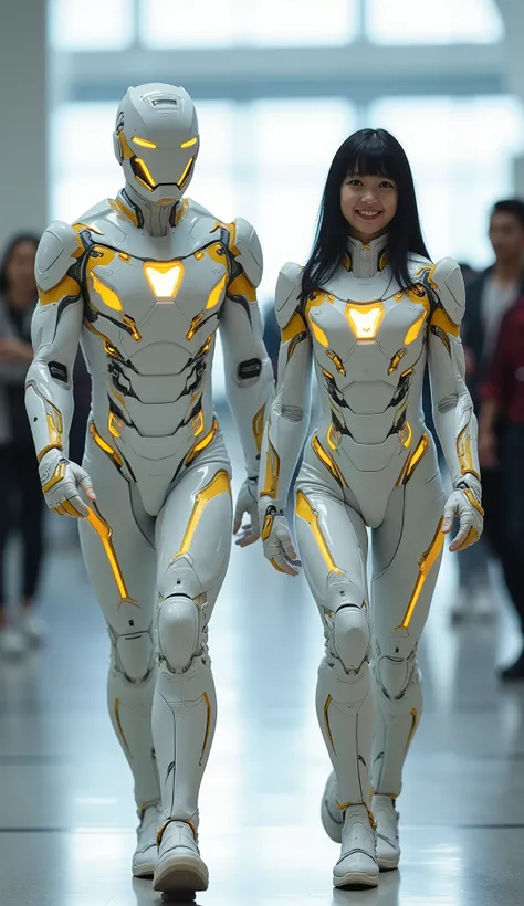character: 1 asian young man with mask full head and 1 asian young girl black hair Straight with bangs .
action: Walking straight.

Expression : smiling. Looking at the camera.

Costume : they Wearing futuristic biru white electric venom ironman body suit ...