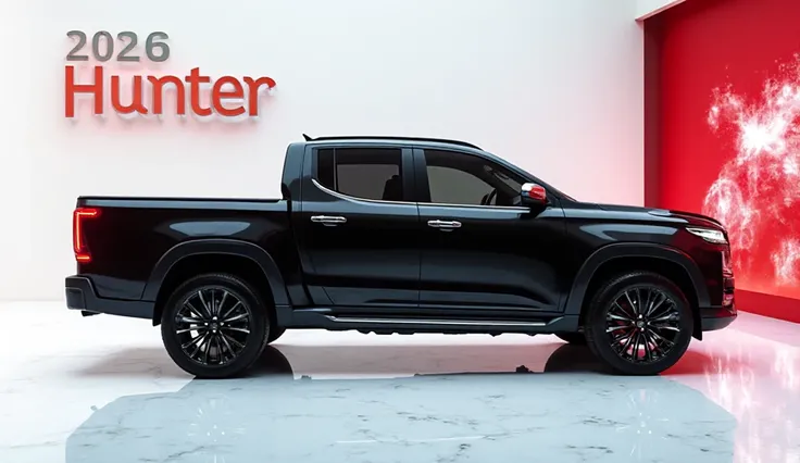 2026 JAC Hunter, shine black, left side profile, four-door pickup body, chrome handles, muscular wheel arches, futuristic alloy wheels, standing in modern white showroom with half showroom visible, glossy marble floor reflecting side, red and white wall wi...