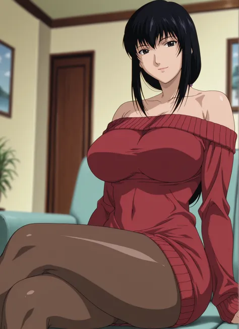 newest , masterpiece , anime screencap , anime coloring , masterpiece, best quality , yukishiro tomoe,2009s \(style\), black eyes, long hair, black hair, big breasts, big buttocks, glamorous bodies, attractive bodies, thick thighs, Toned thighs, lips, Smil...