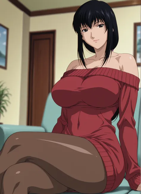 newest , masterpiece , anime screencap , anime coloring , masterpiece, best quality , yukishiro tomoe,2009s \(style\), black eyes, long hair, black hair, big breasts, big buttocks, glamorous bodies, attractive bodies, thick thighs, Toned thighs, lips, Smil...