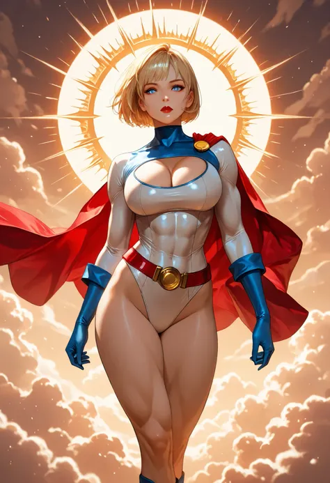 PONYXL_DC_Powergirl_ownwaifu, 1girl, blonde hair, blue eyes, large breasts, muscular female, short hair, superhero, toned, red lips, makeup, lipstick, blue gloves, bursting breasts, cleavage cutout, gold, highleg leotard, jewelry, loose belt, red belt, red...