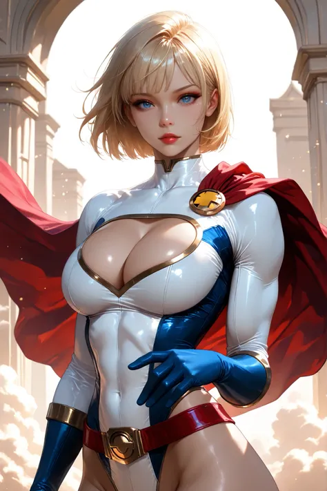 PONYXL_DC_Powergirl_ownwaifu, 1girl, blonde hair, blue eyes, large breasts, muscular female, short hair, superhero, toned, red lips, makeup, lipstick, blue gloves, bursting breasts, cleavage cutout, gold, highleg leotard, jewelry, loose belt, red belt, red...