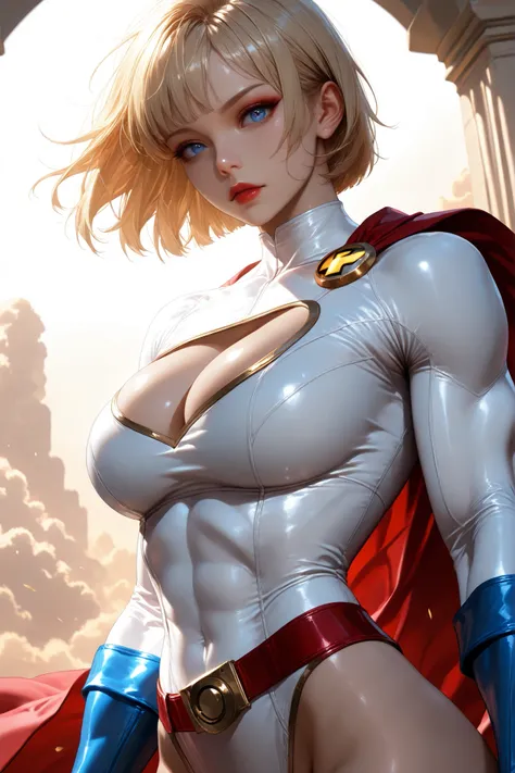 PONYXL_DC_Powergirl_ownwaifu, 1girl, blonde hair, blue eyes, large breasts, muscular female, short hair, superhero, toned, red lips, makeup, lipstick, blue gloves, bursting breasts, cleavage cutout, gold, highleg leotard, jewelry, loose belt, red belt, red...