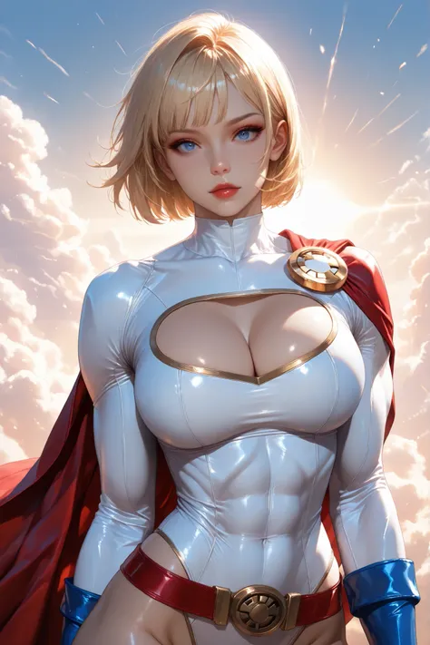 PONYXL_DC_Powergirl_ownwaifu, 1girl, blonde hair, blue eyes, large breasts, muscular female, short hair, superhero, toned, red lips, makeup, lipstick, blue gloves, bursting breasts, cleavage cutout, gold, highleg leotard, jewelry, loose belt, red belt, red...