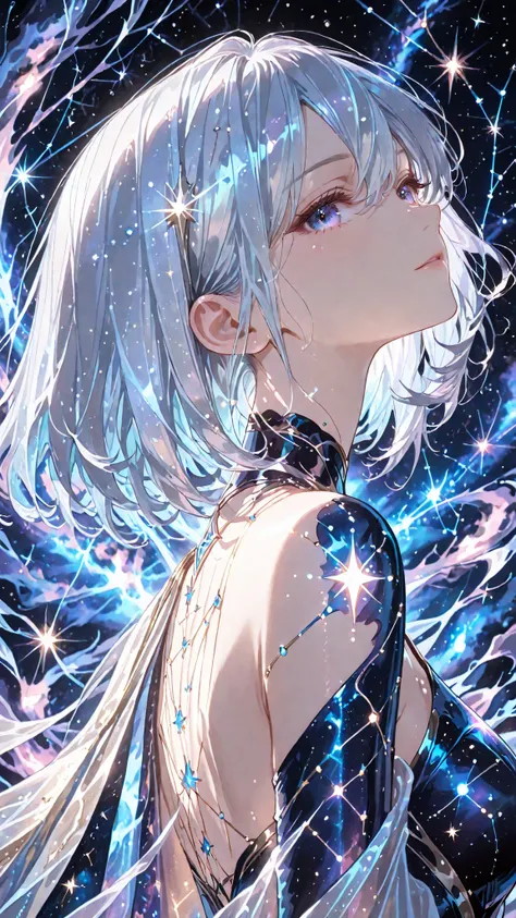 (masterpiece, Highest Quality, super detailed, HDR, 8k, cinematic lighting, upper body), (From the side:1.2、Raise your jaw、 sink)
One ethereal anime girl、is surrounded by shining constellation lines and star fragments,
sparkling cosmic aura around her bod...