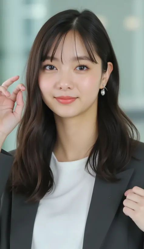 Neat Young Woman、looking at the camera、office lady suit、jacket、shirt、Ear piercings、 、無表情、、face close-up、The background is office
