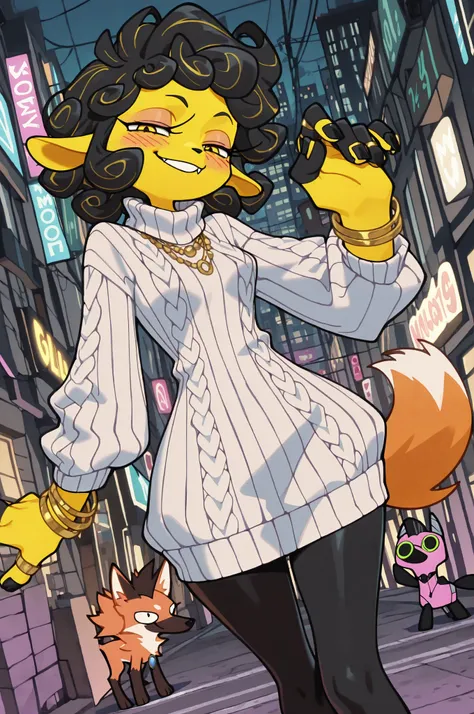 best quality, masterpiece \(quality\), L0LSPL4SH, year2024, year2023, West Studio, sixmorevodka, 1girl, by Riolutiny, solo, anthro_only, ((maned wolf)), fluffy, small breasts, (wide hips), ((oversized sweater)), ((jewelry, rings, bracelets, necklace)), ((r...