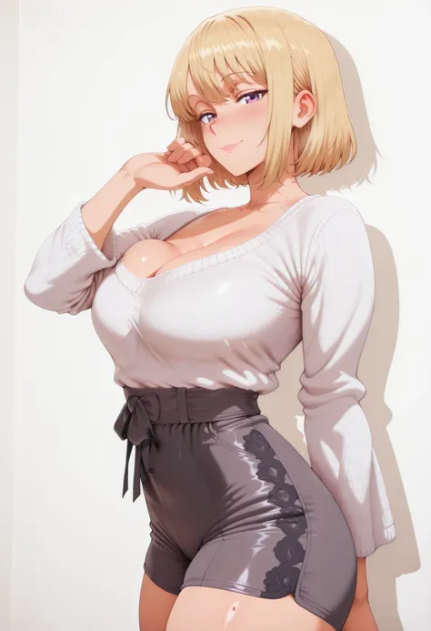 masterpiece, best quality, amazing quality, 1girl, solo, looking at viewer, blushing,, mature girl,side view, light smile, seductive, short hair, blonde hair, purple eyes, , ,bubble breasts, seductive twist, exaggerated voluptuous figure with impossibly la...