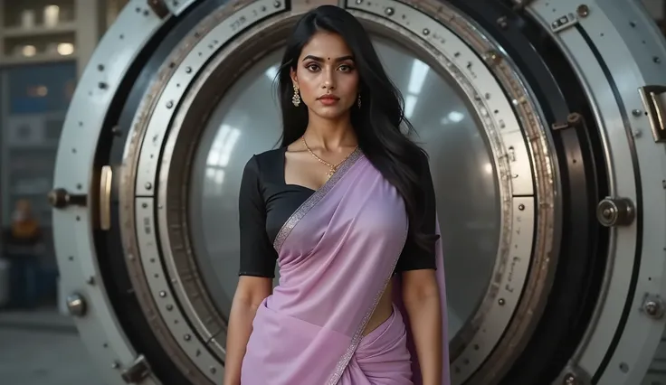 Full hd elegant picture of a 25 years old indian women wearing pinkish light purple saree and black half sleeves blouse standing in the front time machine 