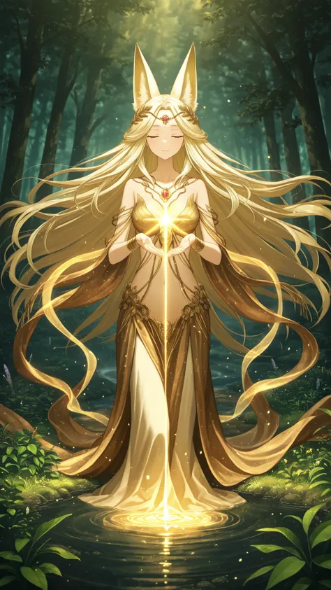 high resolution, like the picture, Detailed Description, One Fox-Eared Goddess, benevolent expression, Graceful Posture, Slender Body, beautiful hand movements, Intricate Jewelry, Natural Motifs Decor, Plants Full of Vitality, By a Clean Stream, Sacred Cer...