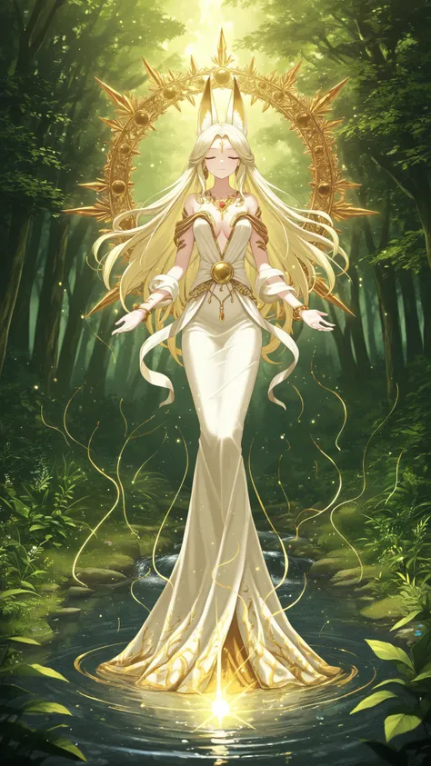 high resolution, like the picture, Detailed Description, One Fox-Eared Goddess, benevolent expression, Graceful Posture, Slender Body, beautiful hand movements, Intricate Jewelry, Natural Motifs Decor, Plants Full of Vitality, By a Clean Stream, Sacred Cer...