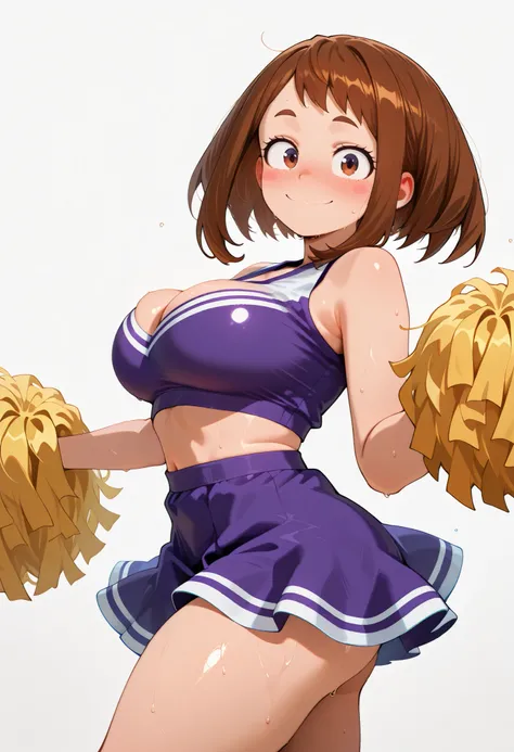 (masutepiece, Best Quality, hight resolution,, Perfect Pixel, depth of fields, 4K), Beautiful anime girl, Perfect body , uraraka ochako ,, ,,, cleavage, navel,, , , jewelry, , , sweat, , ,looking at viewer, , , ,, smile, , blush, with an extremely curvy an...