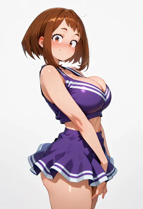 (masutepiece, Best Quality, hight resolution,, Perfect Pixel, depth of fields, 4K), Beautiful anime girl, Perfect body , uraraka ochako ,, ,,, cleavage, navel,, , , jewelry, , , sweat, , ,looking at viewer, , , ,, smile, , blush, with an extremely curvy an...
