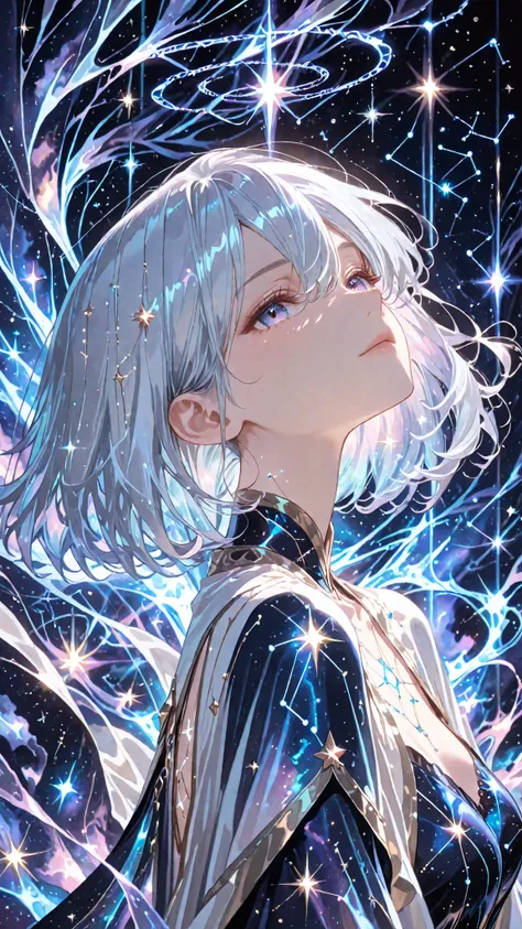 (masterpiece, Highest Quality, super detailed, HDR, 8k, cinematic lighting, upper body), (Raise your jaw、 sink) One ethereal anime girl、is surrounded by shining constellation lines and star fragments, sparkling cosmic aura around her body, shimmering silve...