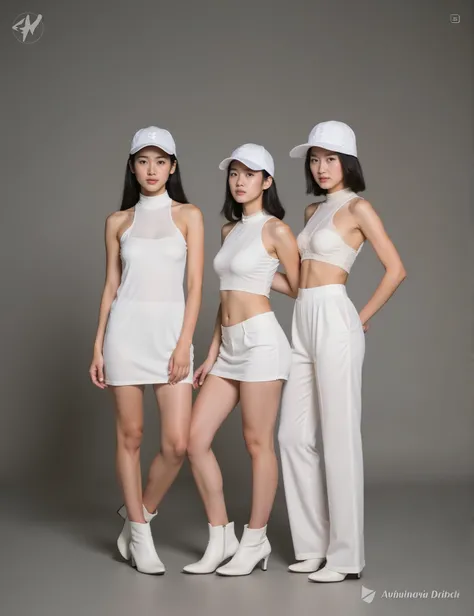  1 girl. high school,  3 chinese cute young girls and nude friends. tight. beautiful faces. side back posing sexy wearing white dress skirt, sport hat, white skinny body, slender. with legs open wide apart. small breasts. open legs apart. photo shoot, real...