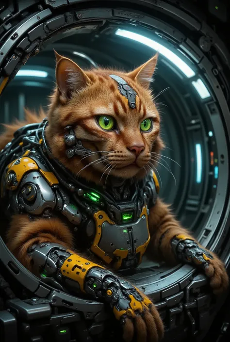 The gorgeous ginger cyber cat is an advanced animatronic with an amazing mix of organic and cybernetic. (The cat is half a robot). He lies at the porthole and looks out into the open space. Style ((neo-cyberpunk)). (Metal and carbon fiber inserts are visib...
