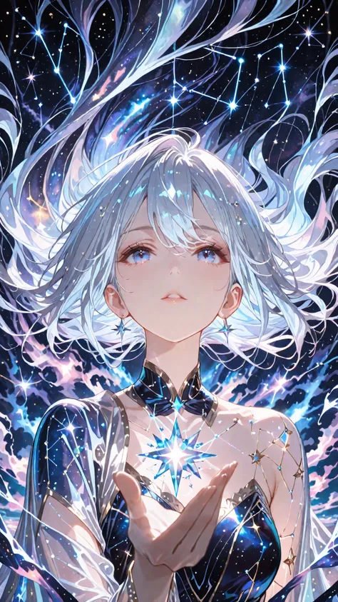 (masterpiece, Highest Quality, super detailed, HDR, 8k, cinematic lighting, upper body), (from the front、Raise your jaw、 sink) One ethereal anime girl、is surrounded by shining constellation lines and star fragments, sparkling cosmic aura around her body, s...