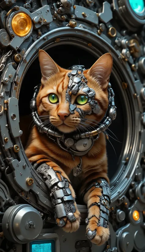 The gorgeous ginger cyber cat is an advanced animatronic with an amazing mix of organic and cybernetic. (The cat is half a robot). He lies at the porthole and looks out into the open space. Style ((neo-cyberpunk)). (Metal and carbon fiber inserts are visib...