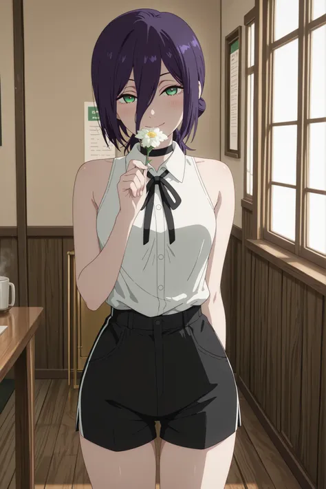 masterpiece, best quality, absolutely absurdres, very aaesthetic, newest, very awa, masterpiece, best quality, absolutely absurdres, very aaesthetic, newest, anime screencap, solo, 1girl, reze, chainsaw man, navy hair, green eyes,black choker, purple hair,...