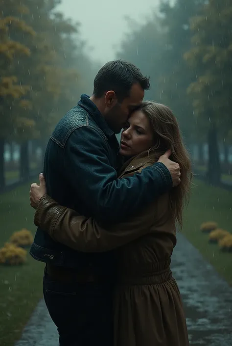 A guy in front of a park in Moscow in rainy weather, hugs me as realistically as possible 
