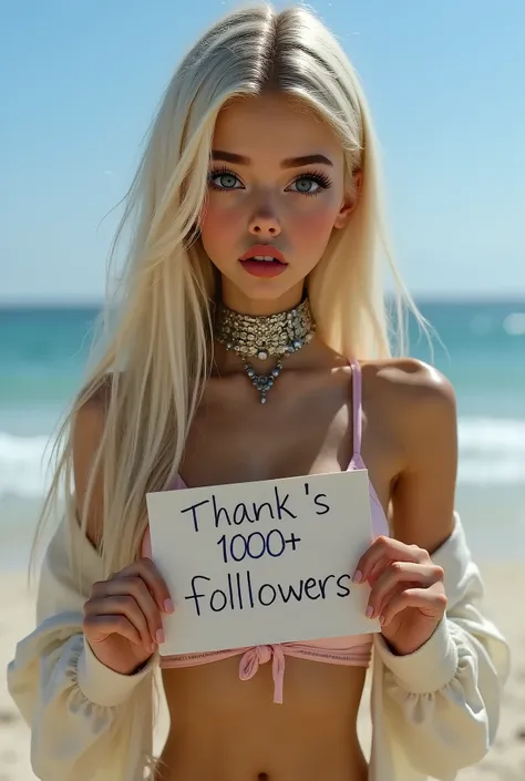 masterpiece, best quality, amazing quality, ultra realistic, skinny girl in bikini on beach, holding a sign covered breasts with the words "thank's 1000+ followers", blonde, blue eyes, narrow waist, sexy pose, smirk, cowboy shot, very aesthetic, cinematic,...