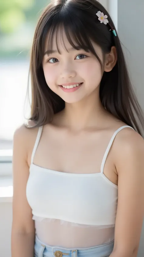 big eyes、世界一cute中学生、Use your arms 、Fruit Clothes、smile,( She's a Middle School Student 、There are:1.8),(8k, Original Photo, Highest Quality, masterpiece: 1.45), A Cup Breasts、and、symbol body、(realistic, photorealistic: 1.8), 8k,( The chest i...