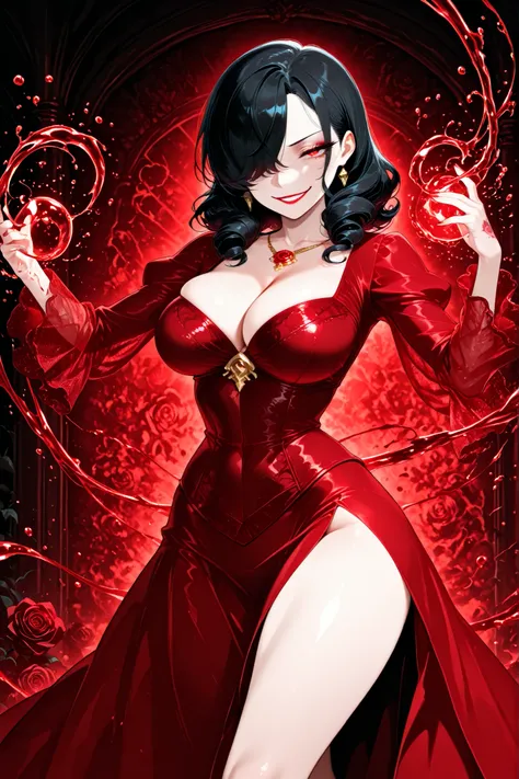 UHD, masterpiece, anatomically correct, super detail, best quality, high-res, 16k, solo, 1girl, h41r, black hair over one eye red tip, (side part), curly hair, red and black color lipstick, evil smile, makeup, long eyelashes, red eyeshadows, rose tattoo, s...
