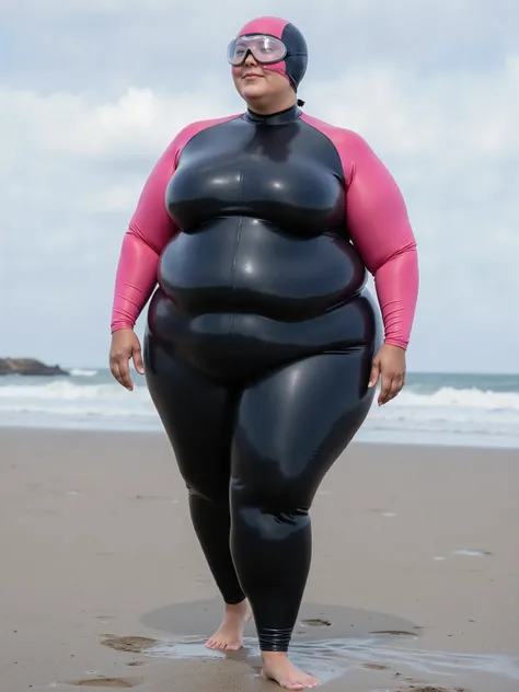 A 48 year old obese Asian woman wears a neoprene wetsuit that is black shiny rubber, she stands on a beach in wet sand, her long hair is under a thick black and pink rubber swim cap that covers her forehead and eyes in translucent rubber, sun protective ey...