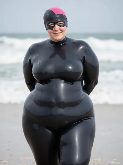 A 48 year old obese Asian woman wears a neoprene wetsuit that is black shiny rubber, she stands on a beach in wet sand, her long hair is under a thick black and pink rubber swim cap that covers her forehead and eyes in translucent rubber, sun protective ey...