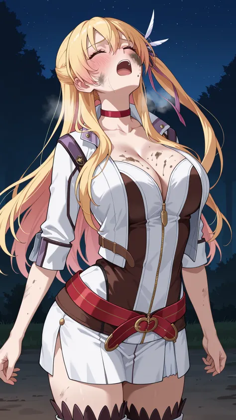 nsfw,highres, absurdres,source anime,cowboy shot,1girl,solo,alisa reinford,sen3alisa,blonde hair,side ponytail,red choker,collarbone,big breasts,cleavage,white short jacket,open jacket,gold zipper,white sleeves,sleeves rolled up,white and dark brown tubeto...