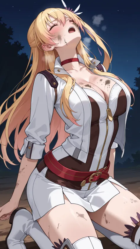 nsfw,highres, absurdres,source anime,cowboy shot,1girl,solo,alisa reinford,sen3alisa,blonde hair,side ponytail,red choker,collarbone,big breasts,cleavage,white short jacket,open jacket,gold zipper,white sleeves,sleeves rolled up,white and dark brown tubeto...