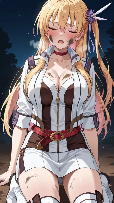 nsfw,highres, absurdres,source anime,cowboy shot,1girl,solo,alisa reinford,sen3alisa,blonde hair,side ponytail,red choker,collarbone,big breasts,cleavage,white short jacket,open jacket,gold zipper,white sleeves,sleeves rolled up,white and dark brown tubeto...