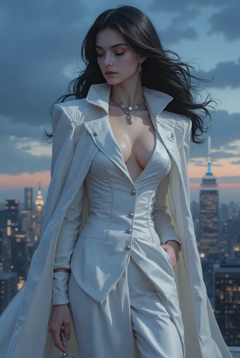 (8k, Highest Quality, masterpiece), (realistic, photo realistic: 1.37), Very detailed, {Woman standing on the roof of a building at night}, 

Very Easy to Understand, miniature painting, detailed depiction of clip hair art, dreamy, ultra-realistic mixed fa...