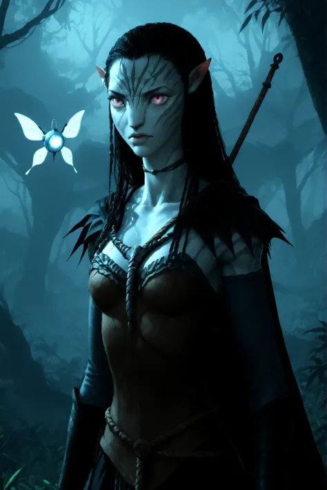 2D cartoon: Female character Navi from Avatar, age 30 to 40 years old, beautiful, very imposing berserk vampire.