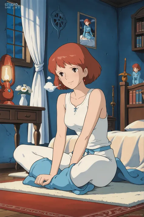 studio ghibli,Nausicaa,1girl, (Masterpiece, top quality, 8k, High quality anime, detailed and accurate anime poster, Studio Ghibli style, High sense Art ), adorable face, very kind face, Sitting on the bed in her private room, female sitting, relax pose, p...