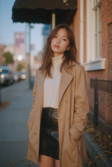 imagine prompt: Golden autumn street corner, warm afternoon light, brick building and fallen leaves on the curb :: Japanese female (20) :: sensual sidelong gaze, confident subtle smile :: cable-knit sweater tucked into a black leather mini skirt, ankle boo...