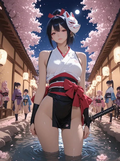 2Girls ((Highest Quality)), ((masterpiece、high sensitivity、high resolution、detailed description、accurate to human anatomy)）Two people and many other Kunoichi sisters lining up in the moonlight and soaking in the pond under cherry blossoms at night、from bel...