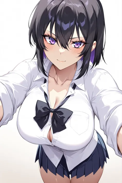 1girl, solo, anime girl, onee-san, masterpiece, serious expression, closed mouth, faint smile, bright pupil, eye highlight, medium hair, tomboy, black hair, no hairpin, purple eyes, big breast, slim body, school uniform, white blouse, rolled up sleeve, ope...