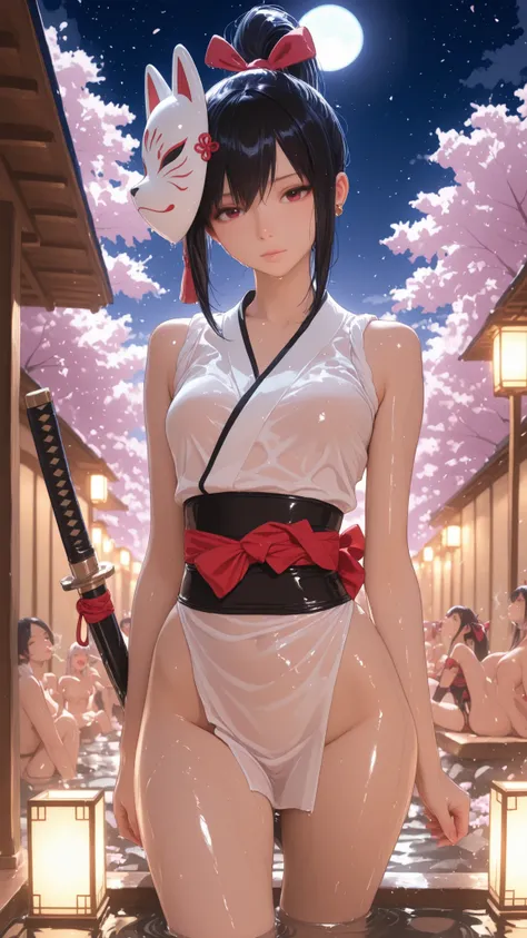 2Girls ((Highest Quality)), ((masterpiece、high sensitivity、high resolution、detailed description、accurate to human anatomy)）Kunoichi no Sato、Two Kunoichi sisters and many others stand side by side in the moonlight and bathe in an open-air bath under cherry ...