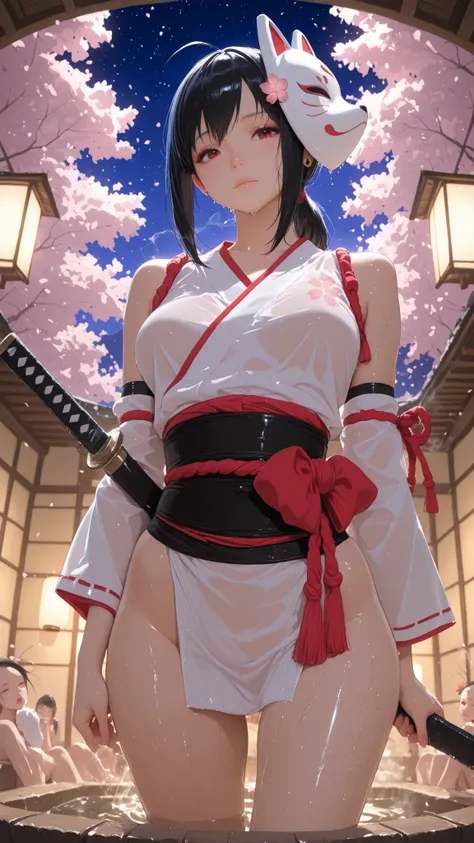 2Girls ((Highest Quality)), ((masterpiece、high sensitivity、high resolution、detailed description、accurate to human anatomy)）Kunoichi no Sato、Two Kunoichi sisters and many others stand side by side in the moonlight and bathe in an open-air bath under cherry ...