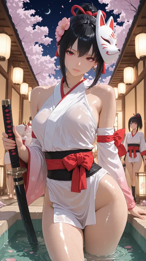 2Girls ((Highest Quality)), ((masterpiece、high sensitivity、high resolution、detailed description、accurate to human anatomy)）Kunoichi no Sato、Two Kunoichi sisters and many others stand side by side in the moonlight and bathe in an open-air bath under cherry ...